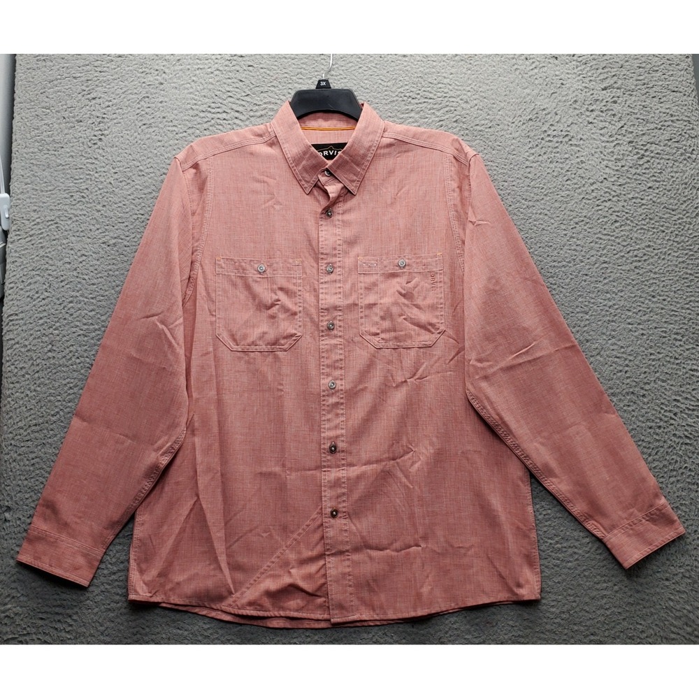 Orvis Shirt Mens Large Red Long Sleeve Chest Dual Pockets Collared Button-Up